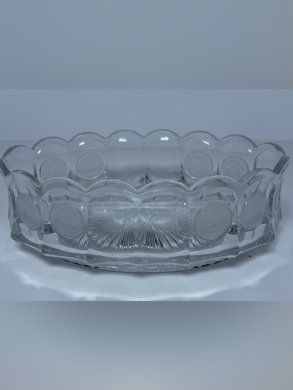 Vintage Fostoria Clear Coin Glass 9" Oval Bowl – Frosted Satin Medallions